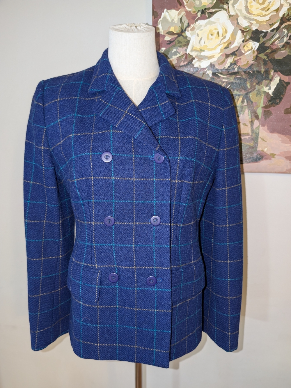Jones New York Purple/Blue Plaid Double-Breasted Blazer